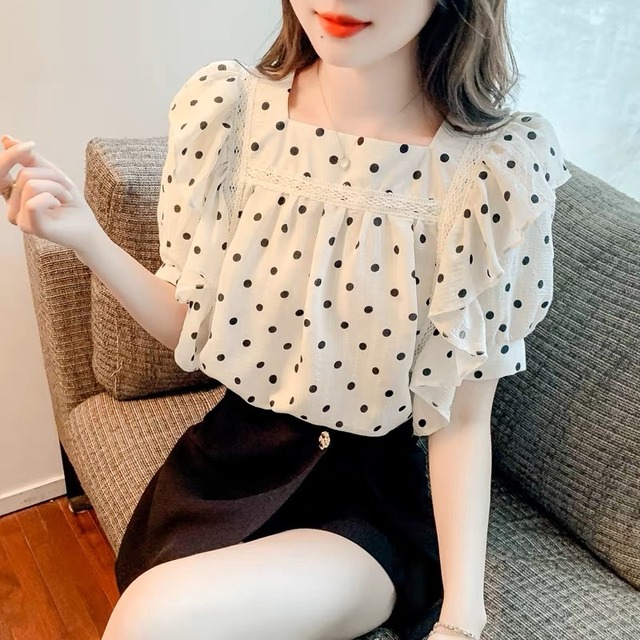 square collar shoulder frill dot blouse　A0205