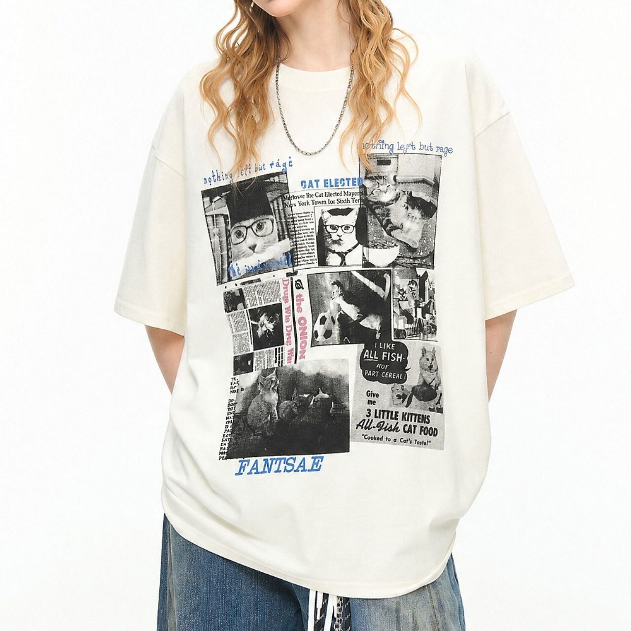 キャットコラージュニュースペーパーグラフィックT 2col R02315