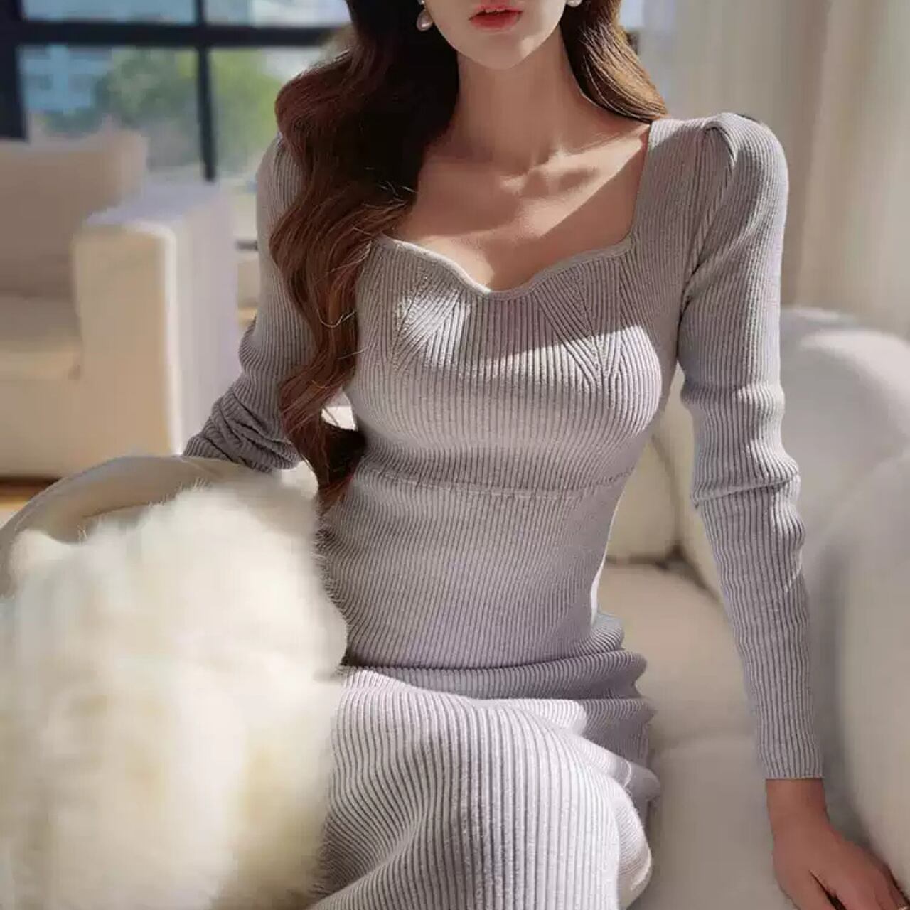 シンプル ニット ロングワンピース-グレーブルー