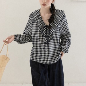 gingham check frill blouse　J00515