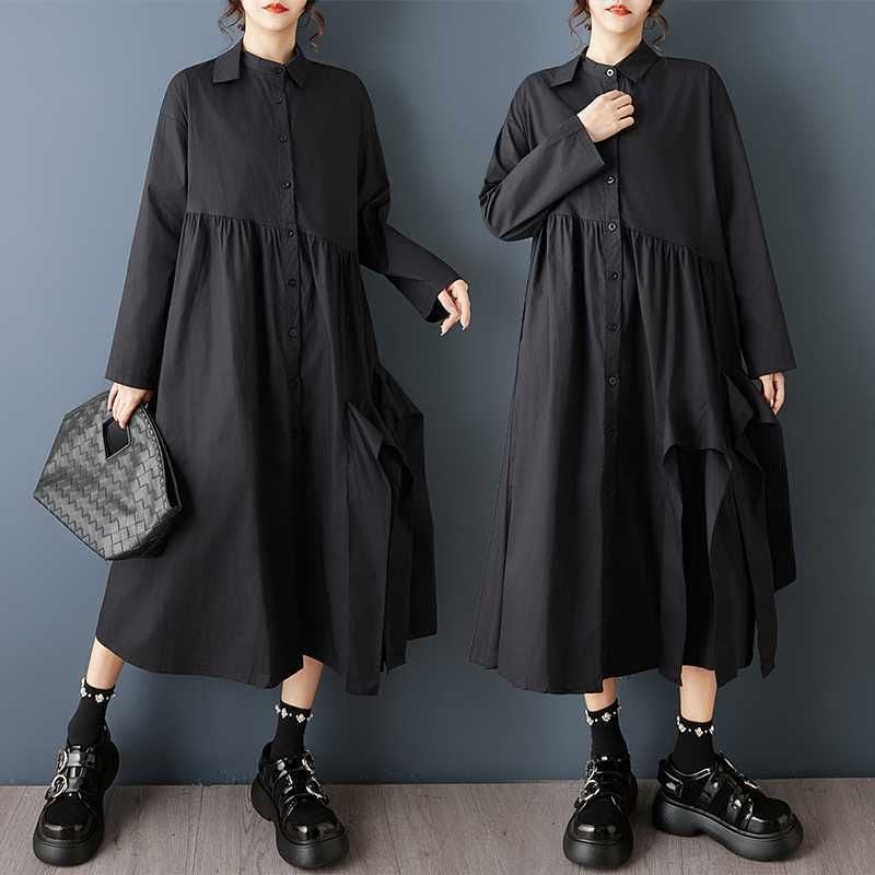 BLACK A-LINE MIDI DESIGN SHIRT DRESS 1color M-15797