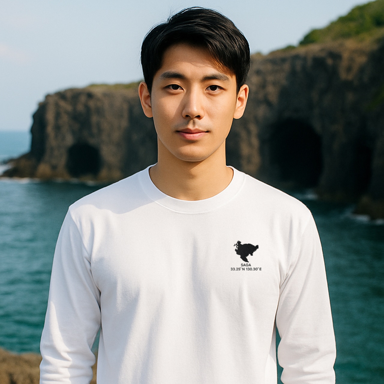 《佐賀》 緯度経度ミニマルロングスリーブTシャツ|地図×地名×ワンポイントデザイン