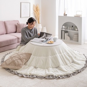 リボン＆フリル付き リバーシブル ファー こたつ布団 円形:197cm