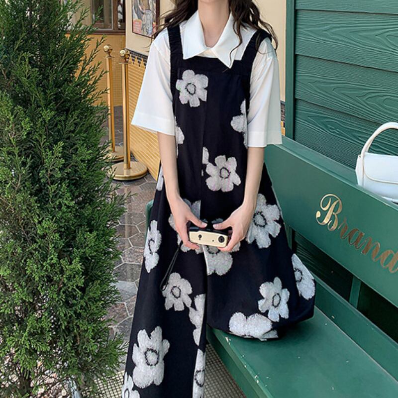 Monochrome Bold Flower Suspender Overalls S0307