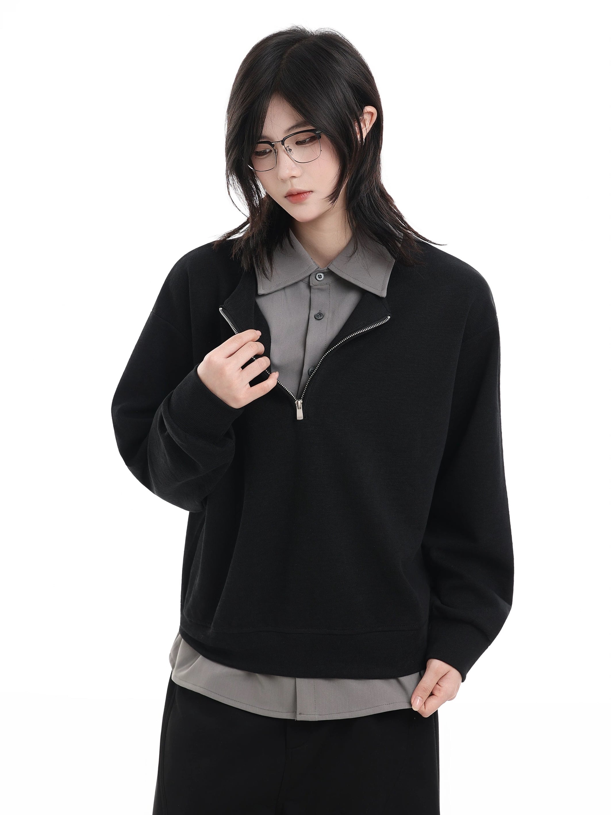 フェイクレイヤードハーフジップトップス / FAKE LAYERED HALF ZIP TOP