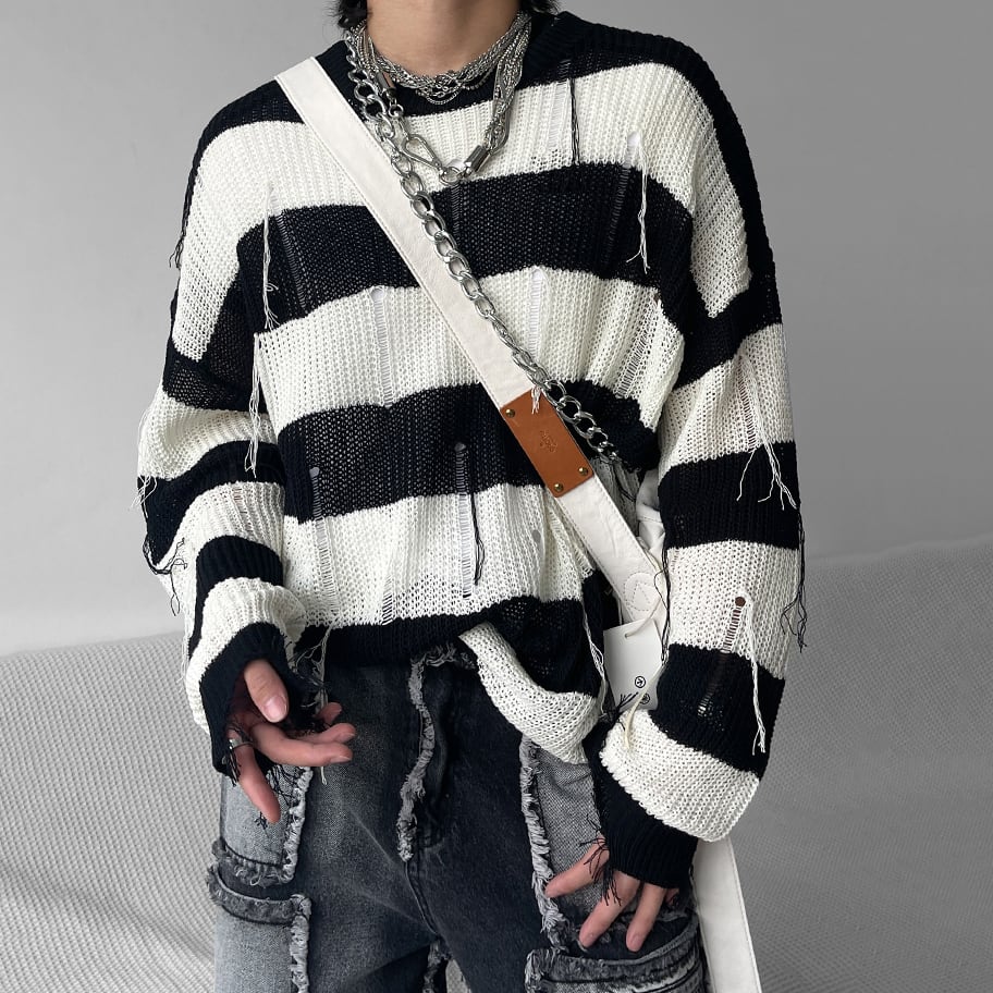 SHUNP白黒配色ボーダー柄ダメージニットセーター | mblueshop SHUNP白黒配色ボーダー柄ダメージニットセーター | mblueshop