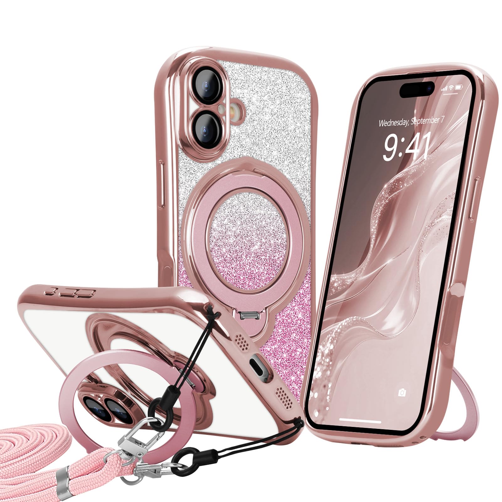 Wirvyuer iPhone 17 用 ケース マグセーフ対応 スタンド付き レンズ保護フィルム付き 耐衝撃(ピンク)
