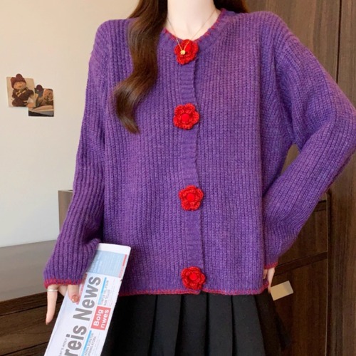 2色／配色クロシェフラワーニットカーディガン ・73131