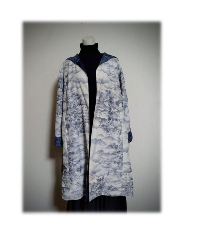 16 1点物 デッドストック大島紬 リバーシブルAラインコート 羽織り物