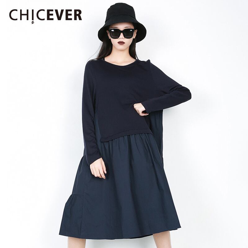 CHICEVERパッチワークヒットカラードレス女性Oネック長袖オーバーサイズルーズミディイレギュラードレス2020服 ロング 6base571400748937