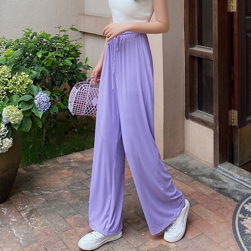 サマースタイルパンツ ワイドレッグハイウェストウェストルーズカジュアルレディース 夏物 ワイドパンツ シルク ハンチェンe86006457558