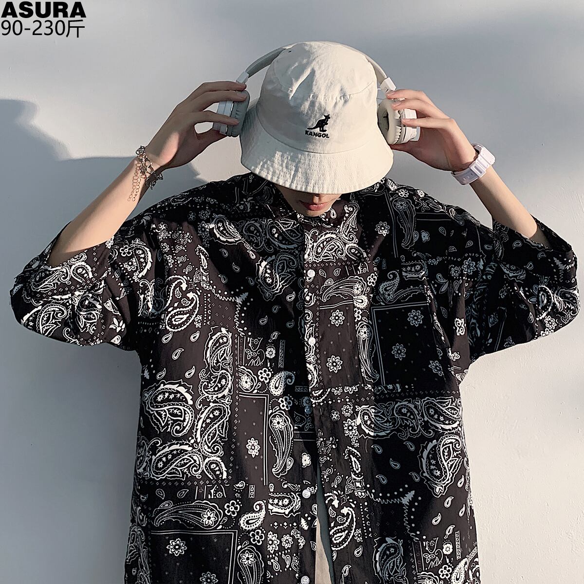 Flowerデザイン ロングシャツ カジュアルルーズサマースタイル 大きめサイズ 夏物 シルク フラワーデザイン ASURAプラスサイズメンズ34721954984