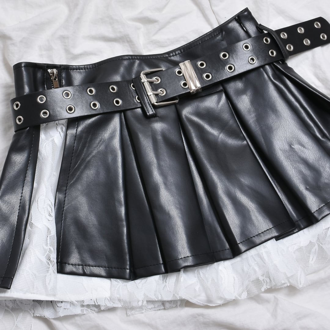 2点セット☆ベルト付き レースレイヤードレザースカート