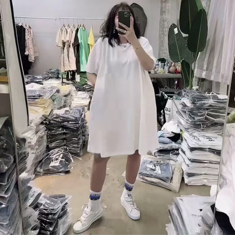 カジュアルサマーカラーラウンドネックTシャツ ドレス 大きめサイズ 夏物 Oネック ピュア ミックスインファッション10393773966