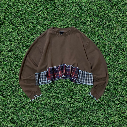 【リメイク古着】再構築メローフリルブラウンスエットトレーナー×チェックレディース