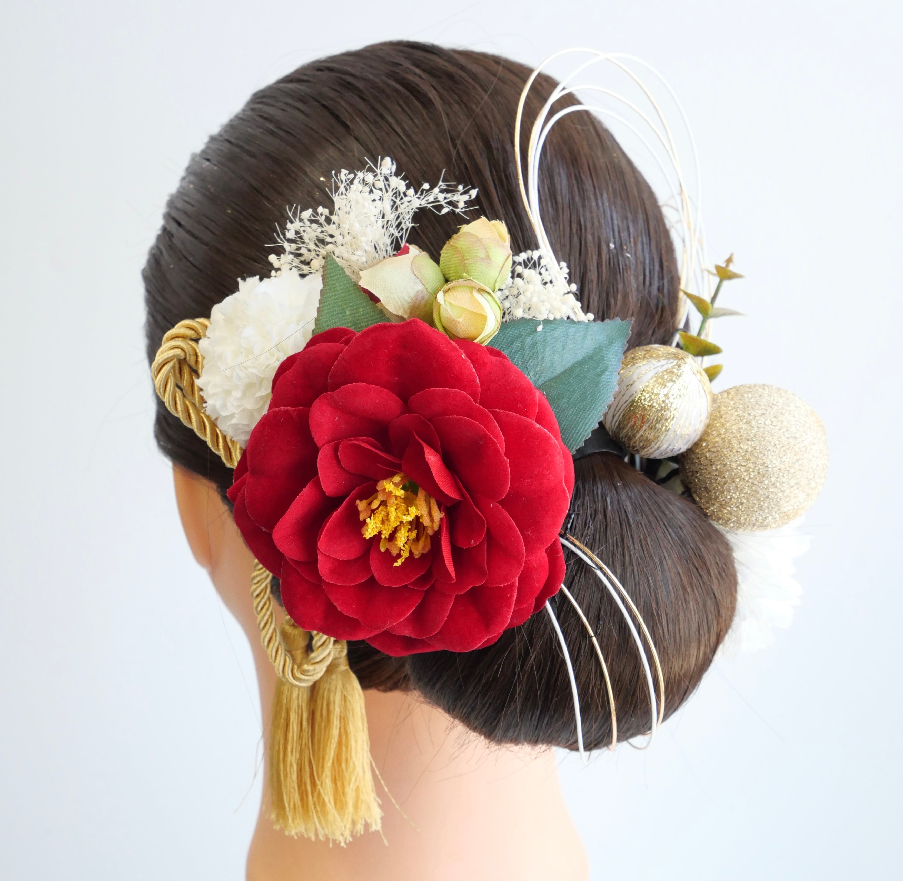 A040 赤 椿の髪飾り 水引 リボン ドライフラワー 成人式 卒業式 和装