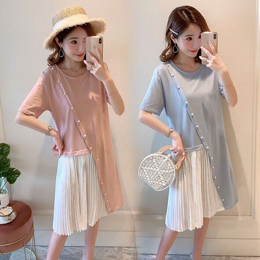 【新作】【送料無料】 夏の妊娠中の女性ビーズステッチプリーツシフォンルーズラージサイズマタニティドレスバージョンのプレグナ 大きめサイズ サマー 夏物 AL expec315464475202