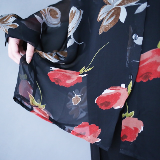 flower art pattern loose black see-through shirt