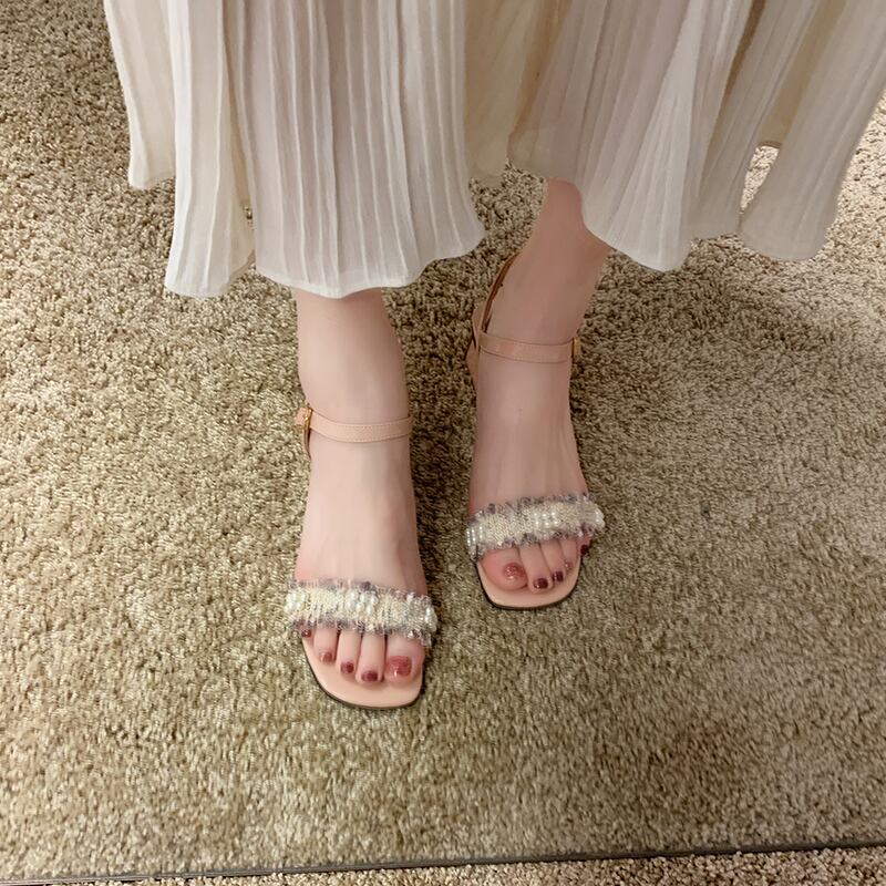 厚底ヒールサンダル女性2020春の新しい野生のオープントゥのローマンシューズフェアリースタイルパールハイヒールの潮 部族の婦人靴1448055