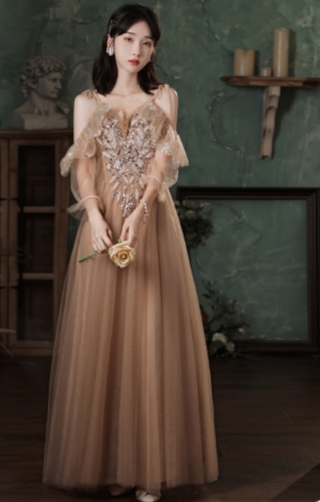 モカ　マキシ丈　オフショルダー　パーティードレス　ipd0114