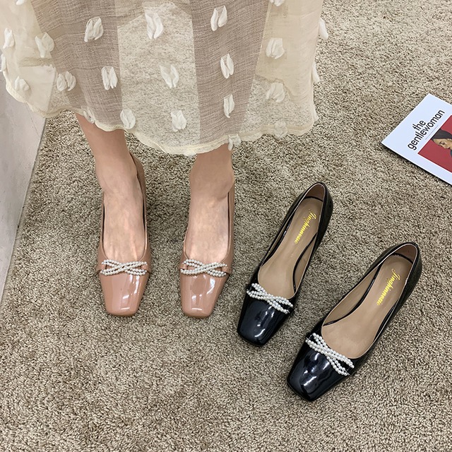 ヒールレッドカジュアルパールブラックシングル 靴 シューズ ハイヒール 真珠 スクウェア フェイクシューズ44430850267