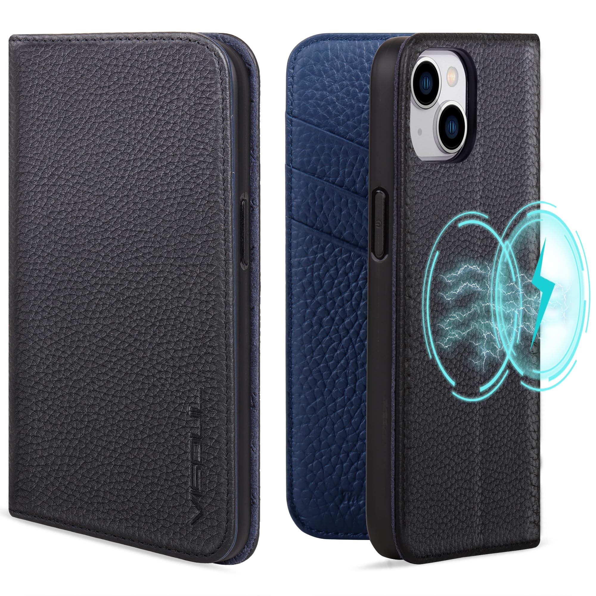 VISOUL iPhone15 対応 ケース 手帳型 本革 MagSafe対応 アイフォン15 手帳型ケース スマホケースレザー カード収納 携帯ケース あいふぉん15 マグネット式 全面保護 スタンド機能付き 6.1インチ アイホン15 ネイビー