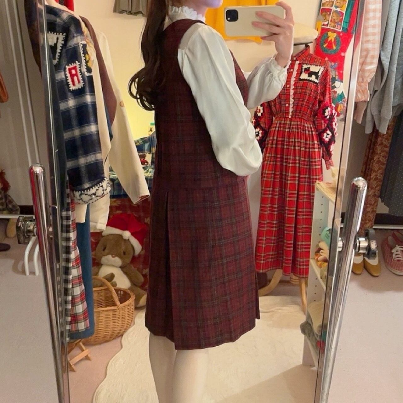 red check back button jumper skirt