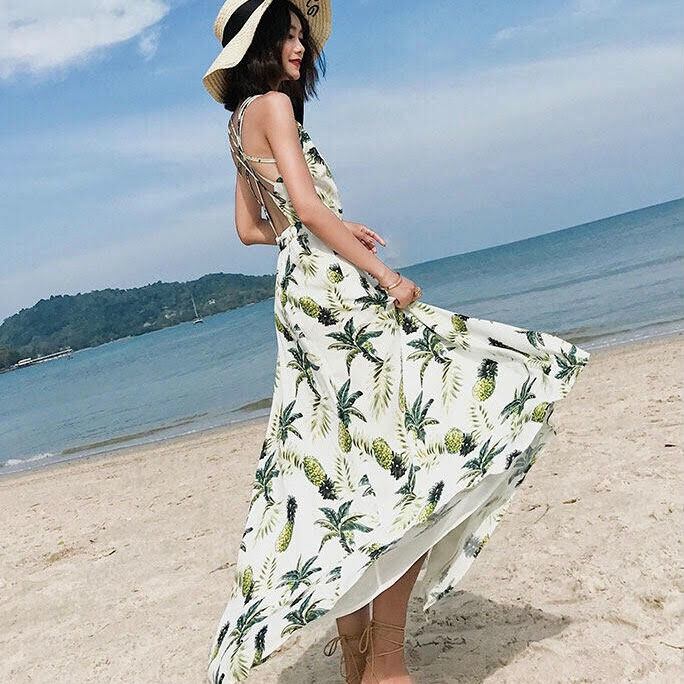 パイナップル柄 クロスストラップ Vネックマキシワンピース リゾート