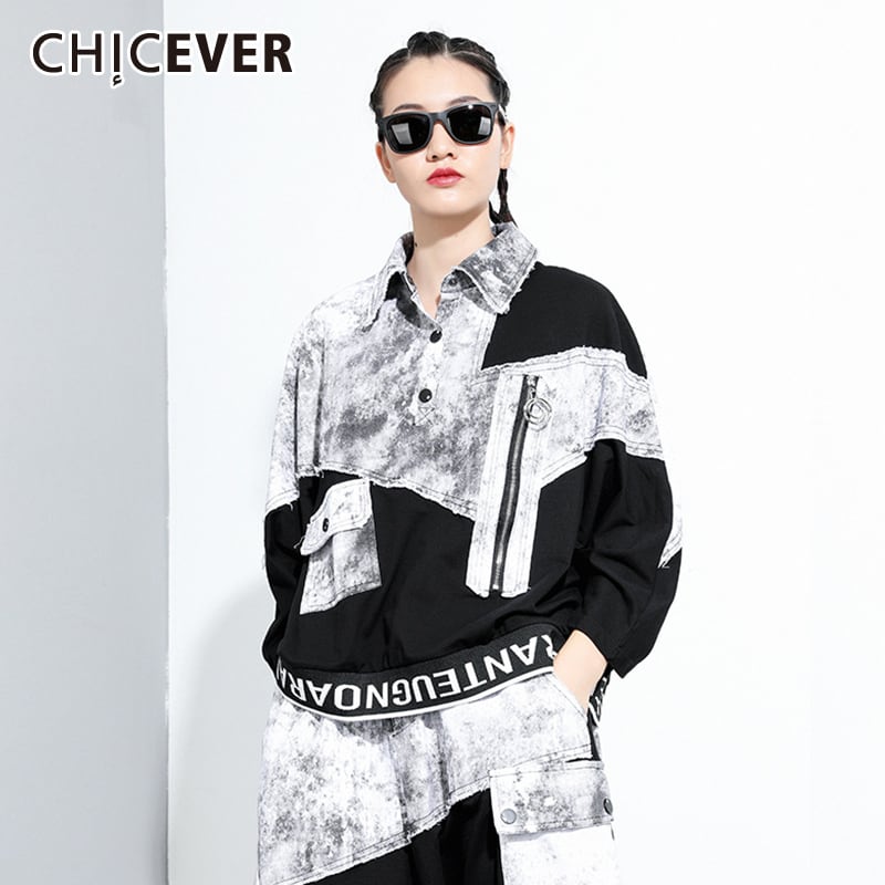 CHICEVERパッチワークスウェットシャツレディースラペルカラー長袖ヒットカラーレタープリント裾ポケットスウェットシャツ2020 ロング 6base553235300573