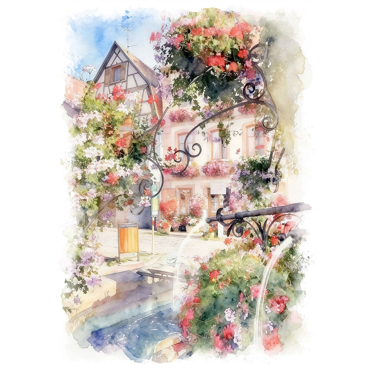 絵画 風景画(街並み) フランス アルザス インテリアアート額付き 水彩画・油絵風 WAT1046