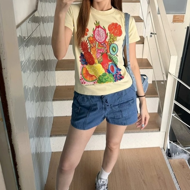 フルーツアートプリントコンパクトフォルムTシャツ 2col R02473