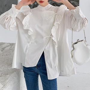 STAND COLLAR FRILL TRIMMED WHITE SHIRT 1color M-5479