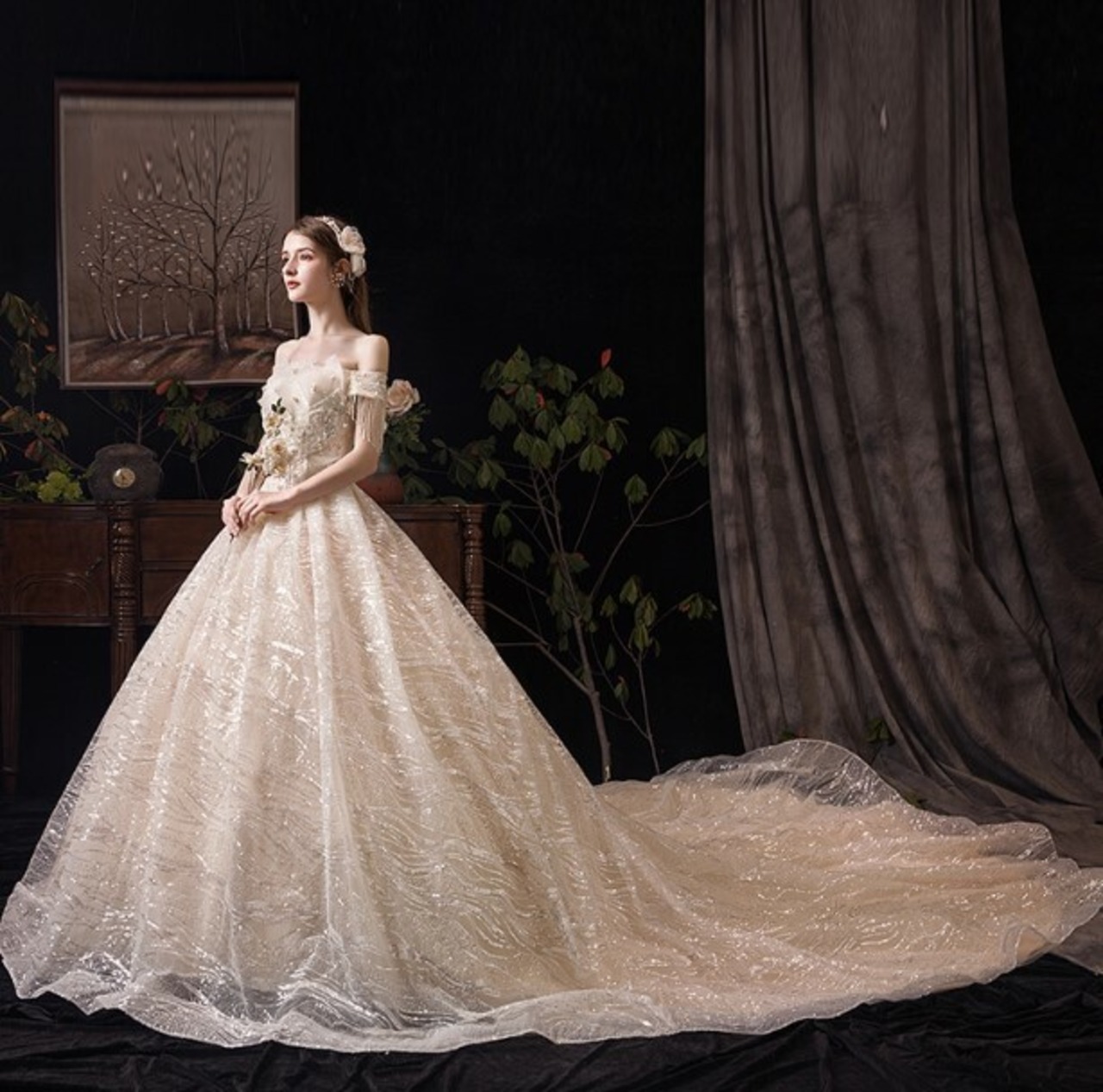 カラードレス シャンパン色 繊細レース オフショル ロングトレーン  