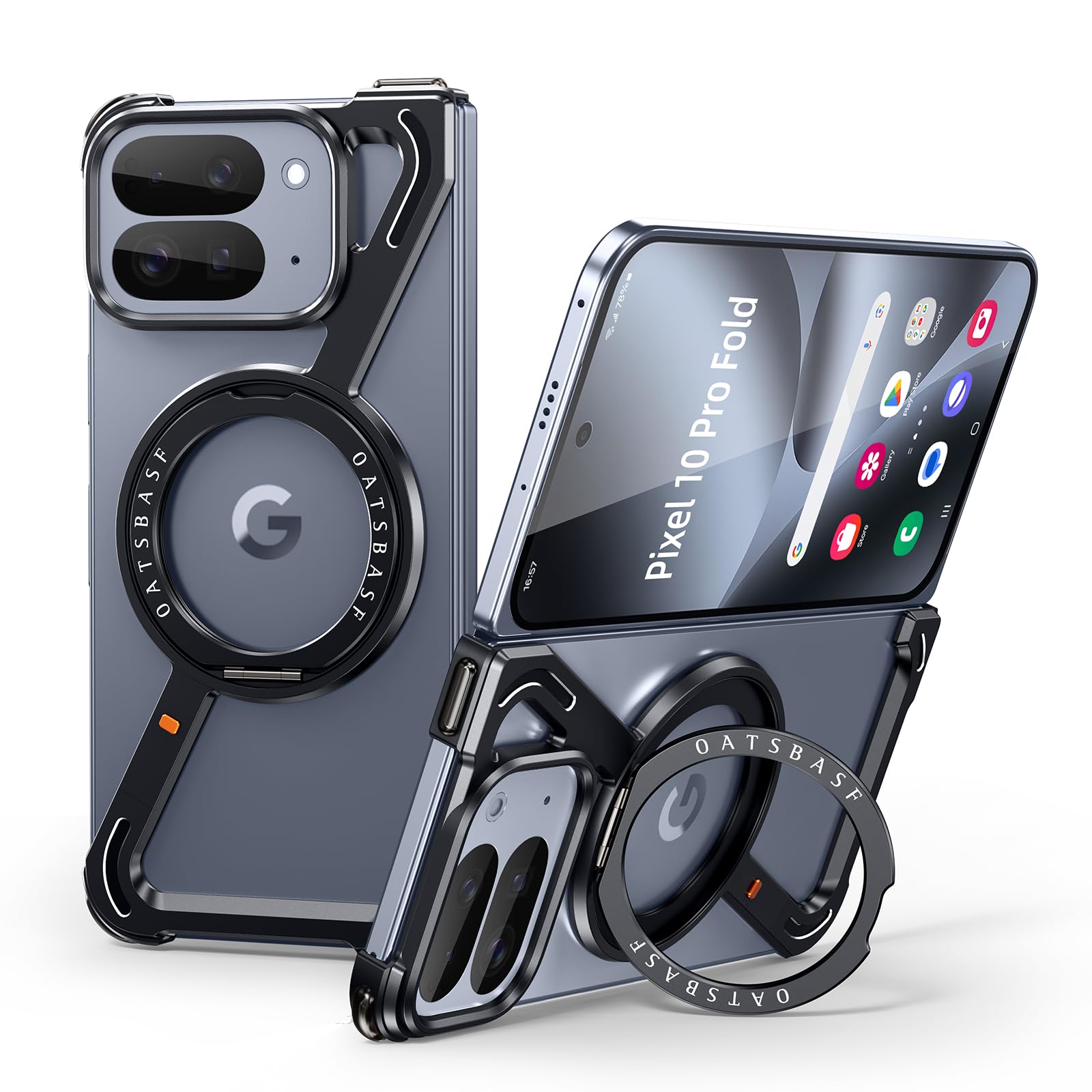 OATSBASF Google Pixel 10/Pixel 10 Pro 用のケース MagSafe対応360°回転スタンドカバー 縦横両対応 収納式折りたたみスタンド アルミバンパー 金属グーグル ブラック