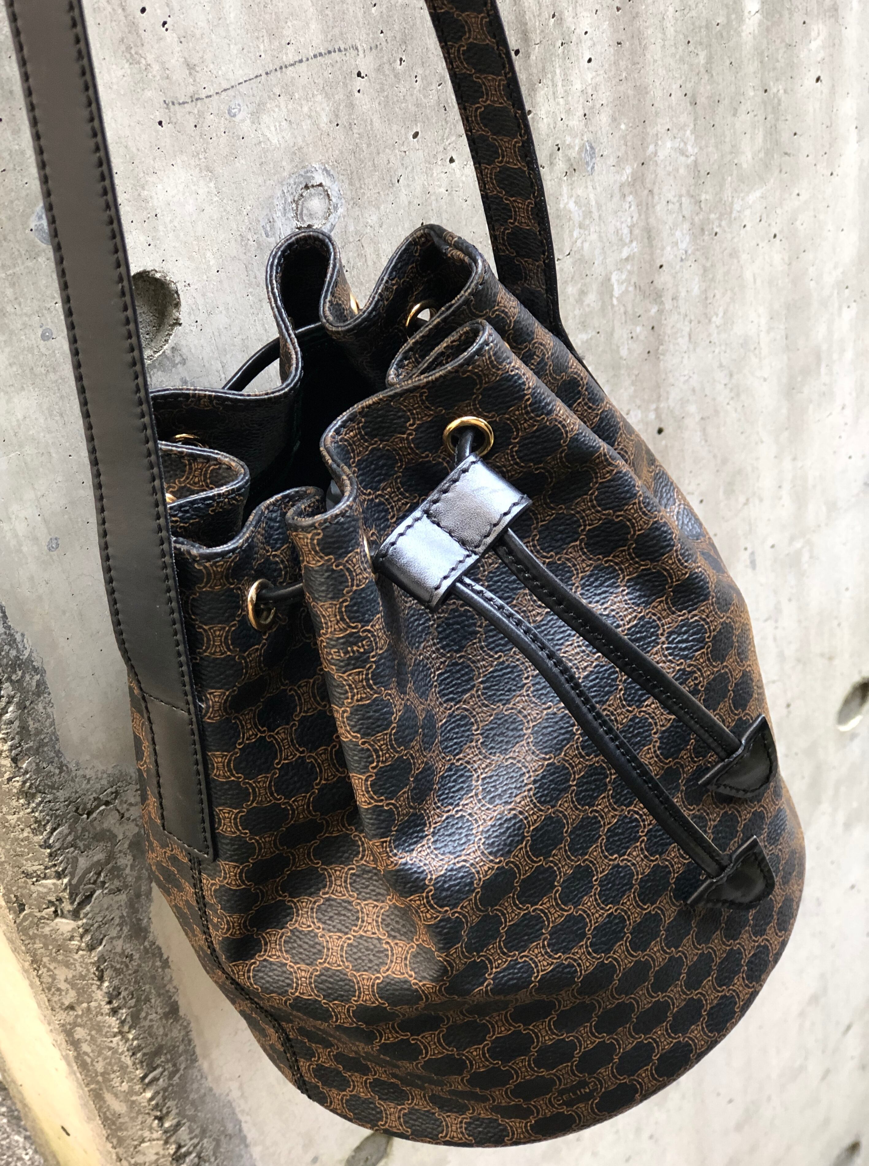 CELINE セリーヌ マカダム トリオンフ PVC×レザー 巾着 ミニバッグ