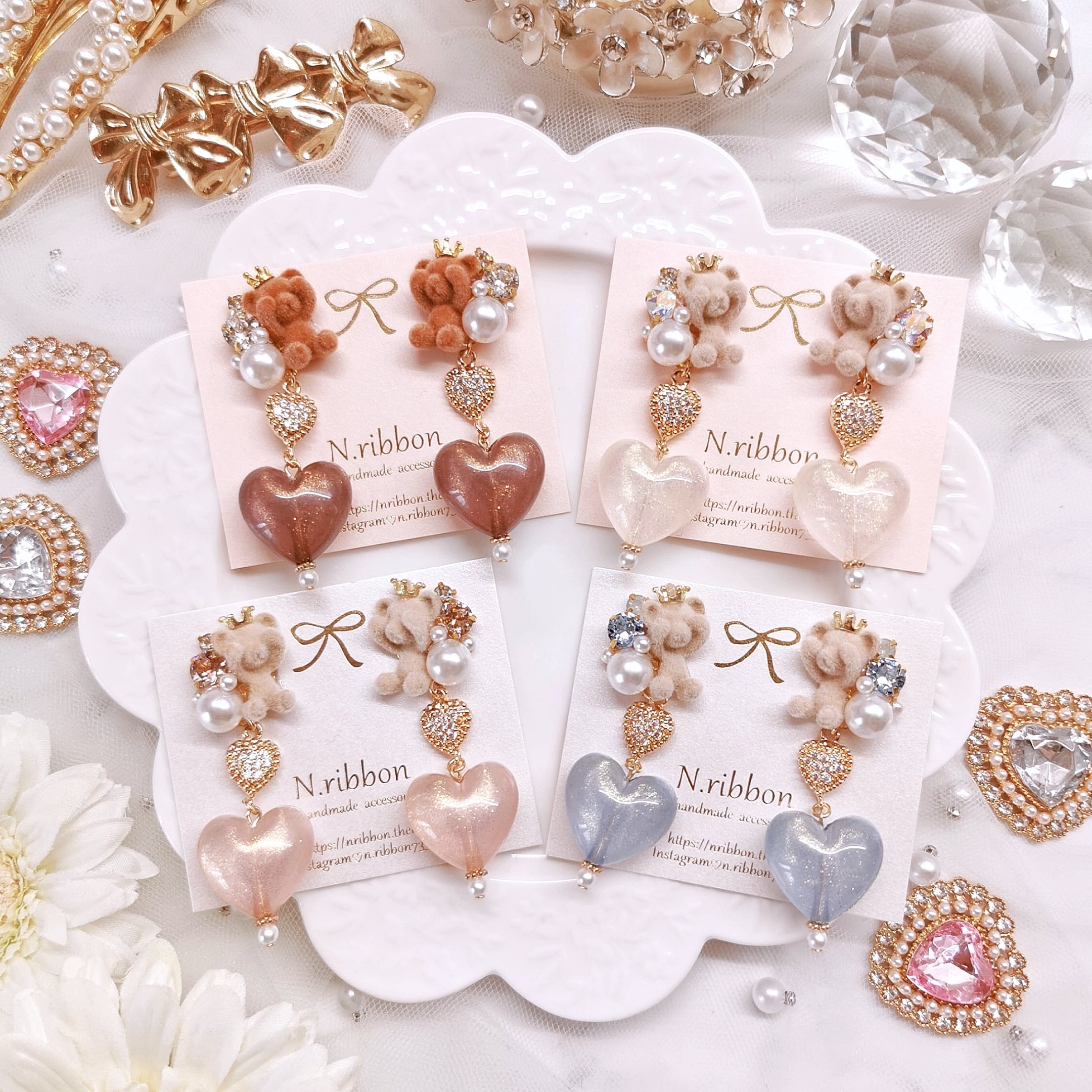 くまちゃんカボション ハートクリスタルピアス ハンドメイド くまちゃんカボション ハートクリスタルピアス ハンドメイド