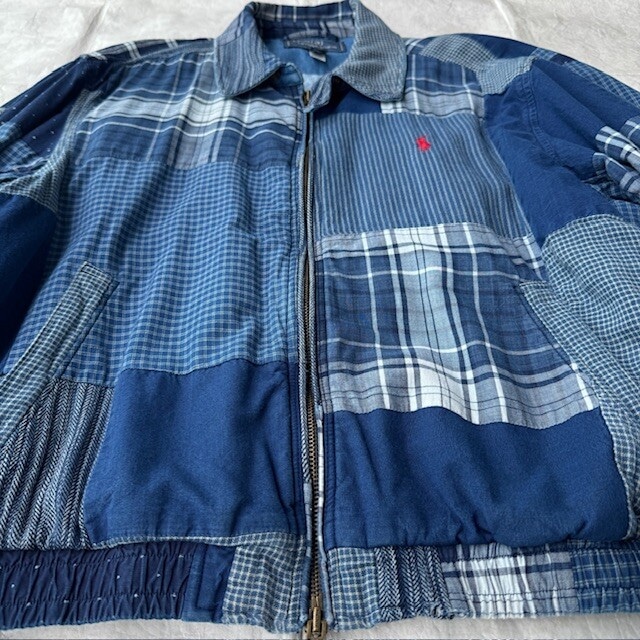 Polo Ralph Lauren ポロラルフローレン パッチワーク ボンバージャケット スイングトップ インディゴ 古着 XL 画像5