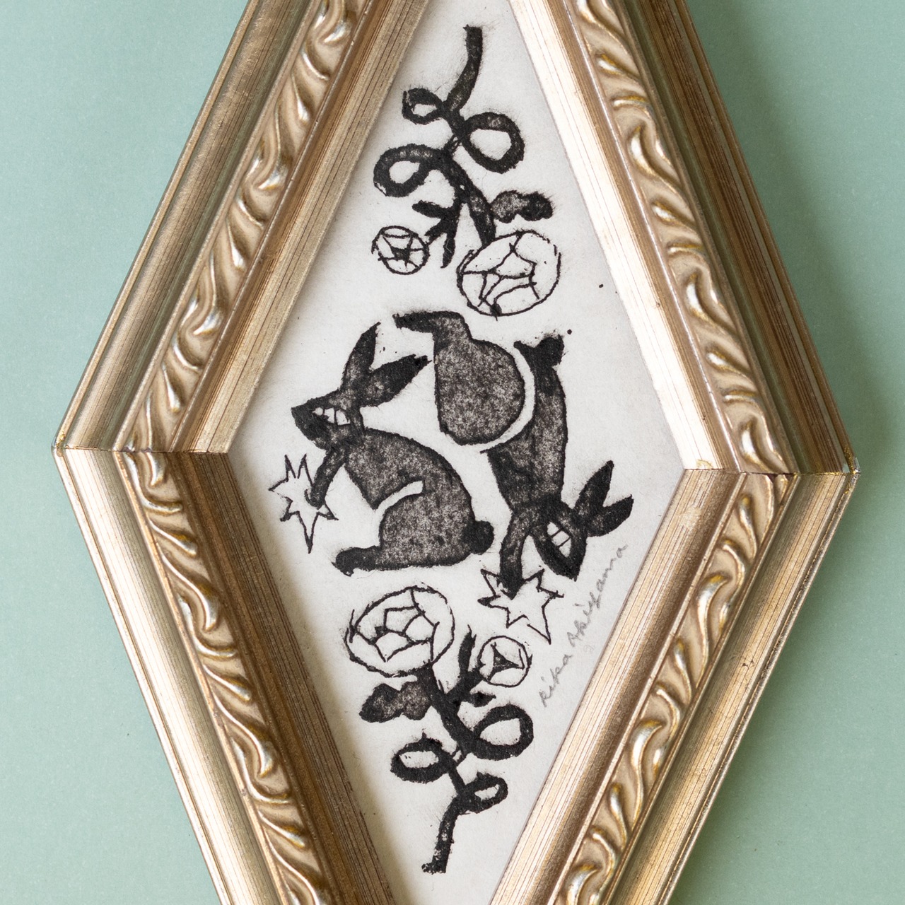 < あきやまりか > 版画作品 - うさぎとはな