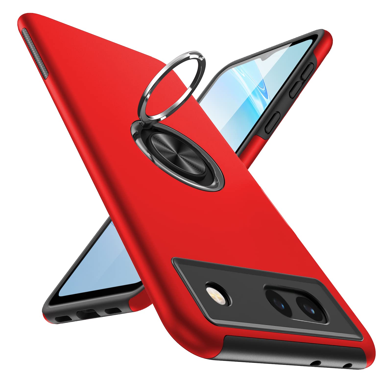 【在庫処分】Google Pixel 6a ケースリング 耐衝撃 カバー 薄型 tpu 衝撃吸収 指紋防止TPU+PC材質 車載ホルダー対応 滑り止め 落下防止 リング付き スタンド機能 傷つけ防止 全面保護 一体型 カバー赤 Q8003-Px6A-02