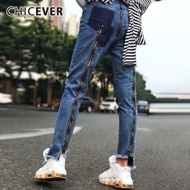 CHICEVERパッチワークジッパーフルレングスジーンズレディースウエストテルスリムブルーパンツ2021秋 オータム 秋物 6base554891287291