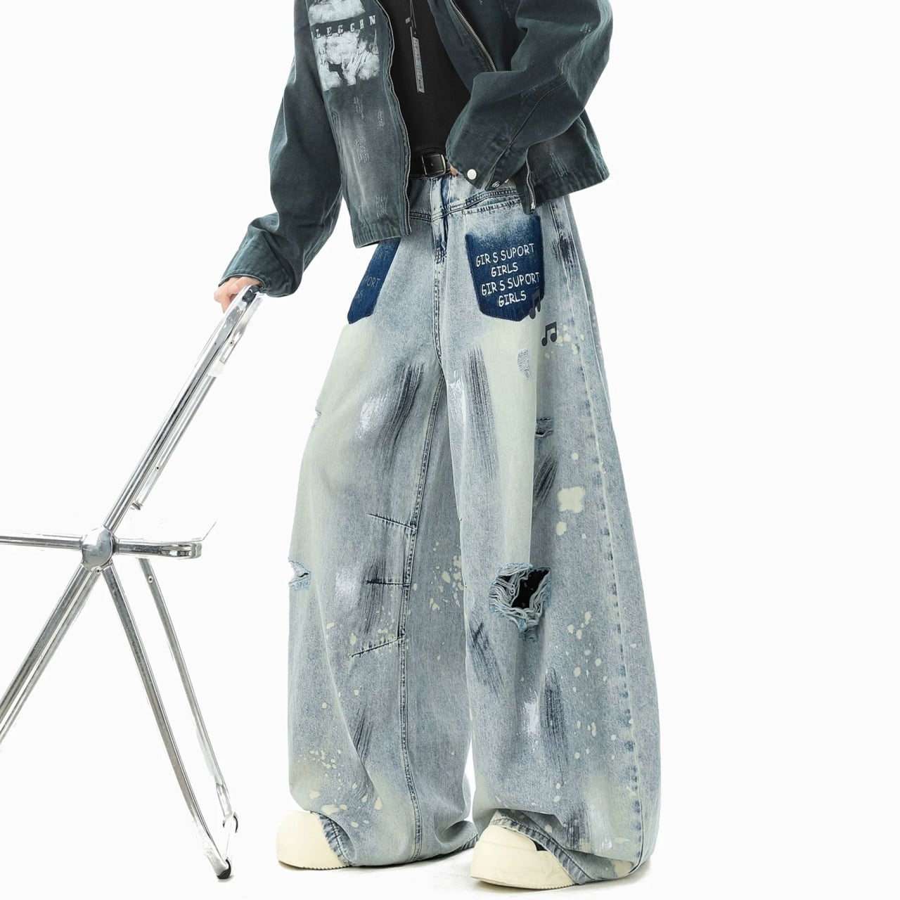 リメイクライクダメージペイントルーズフォルムデニムパンツ 1col   A00455