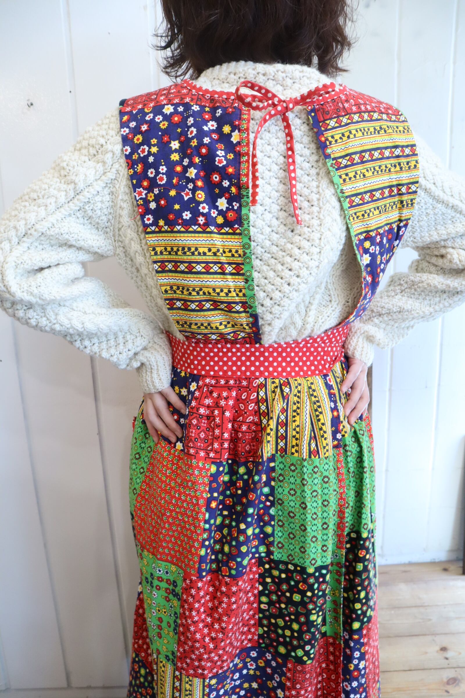 70s red×green patchwork pattern apron dress [l-4705] | Fizzvintage