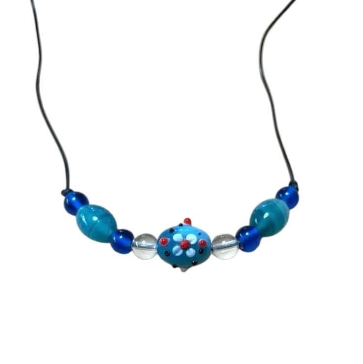 フェアトレードビーズネックレス・ブルーフラワーとんぼ玉12g