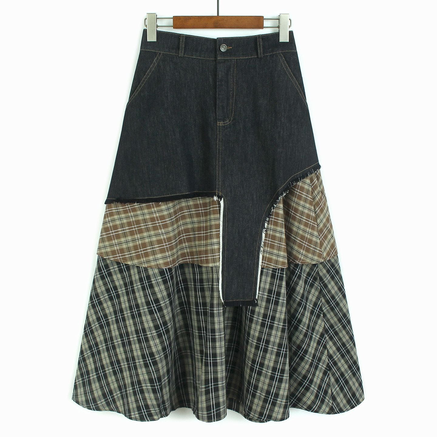 ASYMMETRIC DENIM CHECKERED TIERED MIDI SKIRT M-17323