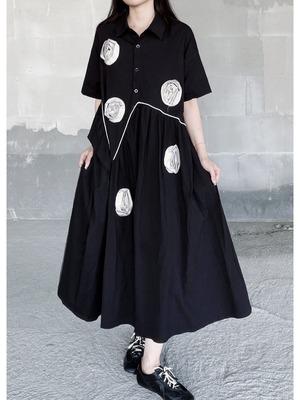 Rose applique mesh paneled shirt dress [T2944]