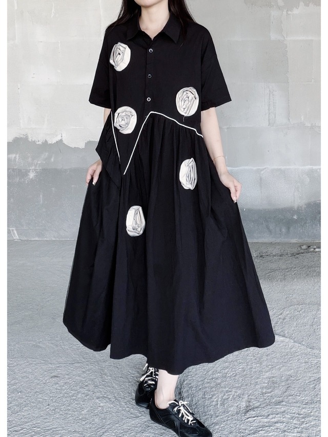 Rose applique mesh paneled shirt dress [T2944]