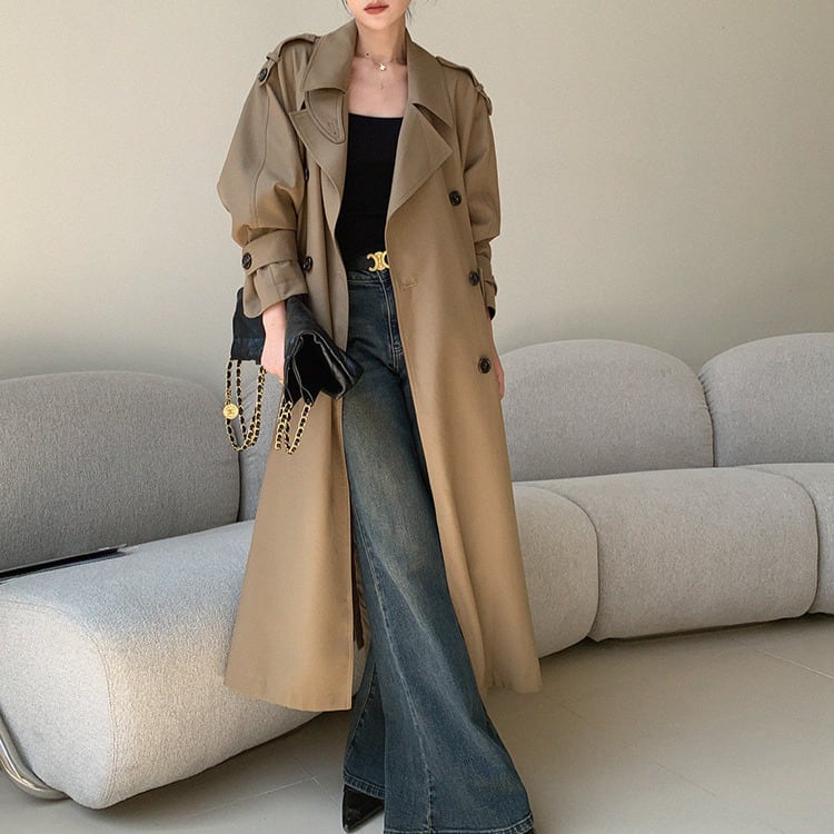 ダブルブレスト ベルト付き ミモレ丈 トレンチコート 1col H13012