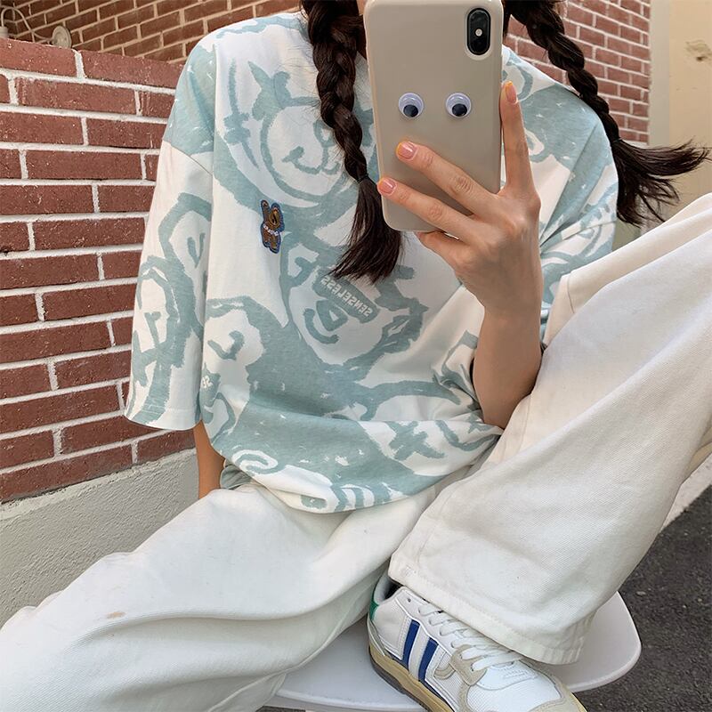 スタイルルーズプリントTシャツ レディースサマーロングカジュアルトップス かわいい 夏物 ケッペル53700477350