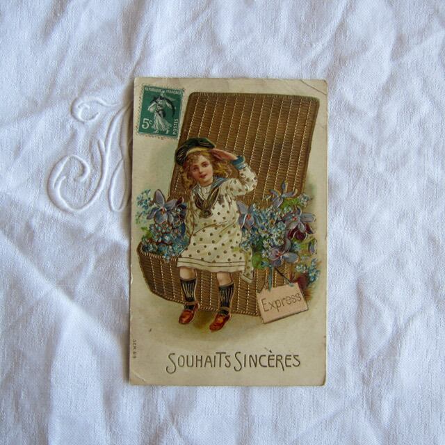 フランスアンティーク すみれ 勿忘草 少女 ポストカード | フランス