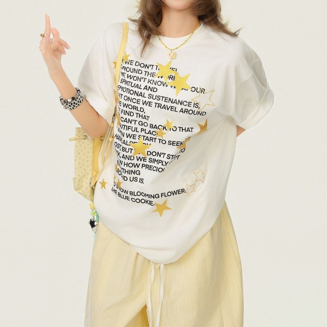 ポップスタープリントレタリングデザインTシャツ 2col   R02401